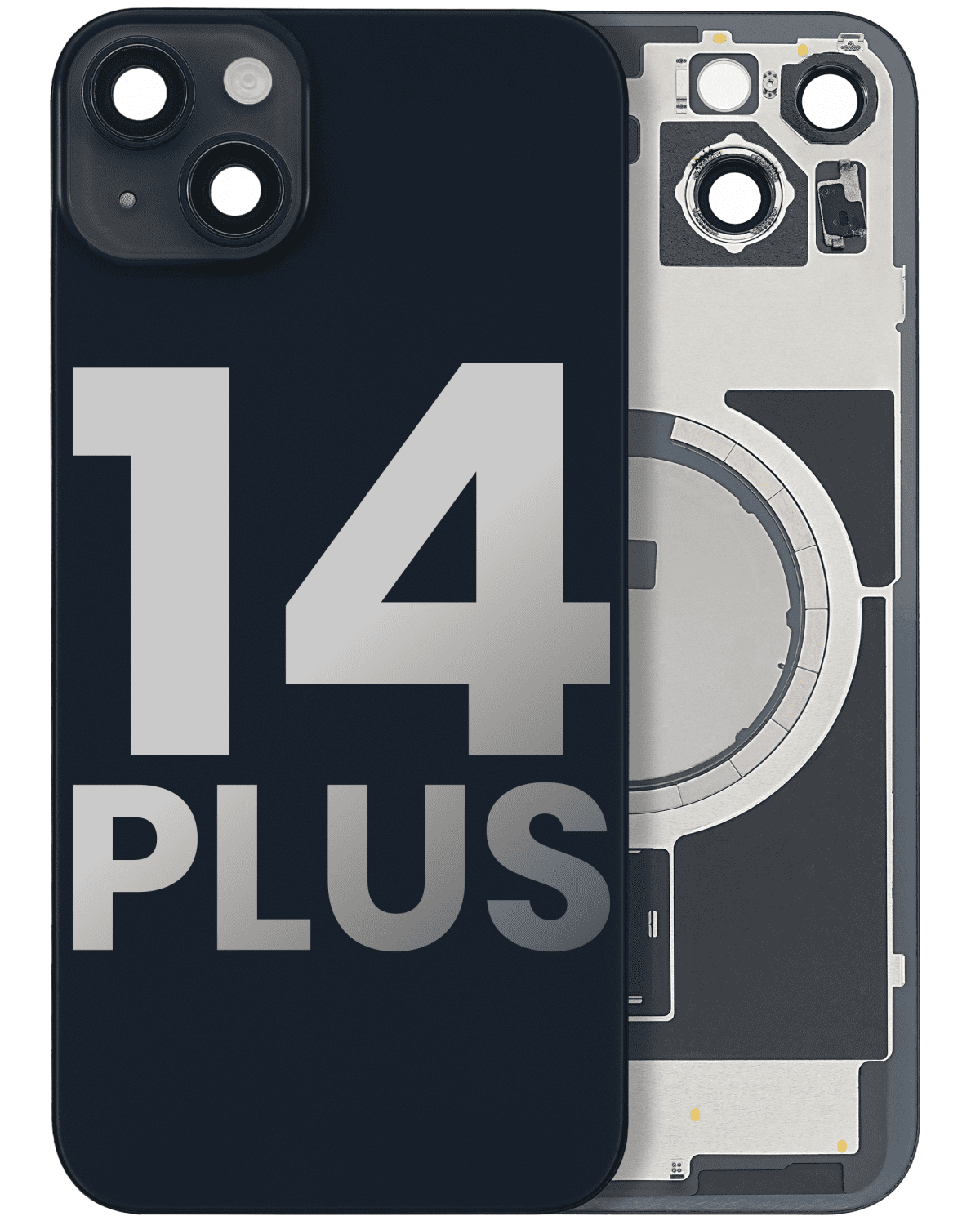 Iphone 14 Plus ile Uyumlu Arka Cam Çelik Plakalı MagSafe Mıknatıs Önceden Takılmış Kapak Full Gece ​​Yarısı