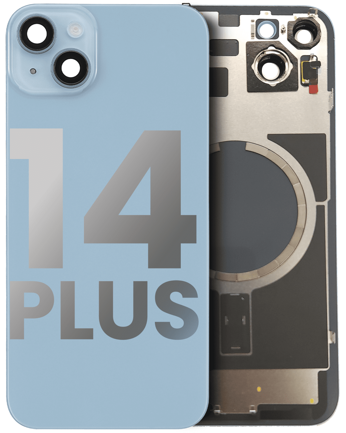 Iphone 14 Plus ile Uyumlu Arka Cam Çelik Plakalı MagSafe Mıknatıs Önceden Takılmış Kapak Full Mavi