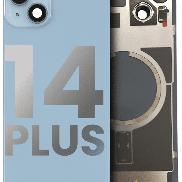 Iphone 14 Plus ile Uyumlu Arka Cam Çelik Plakalı MagSafe Mıknatıs Önceden Takılmış Kapak Full Mavi