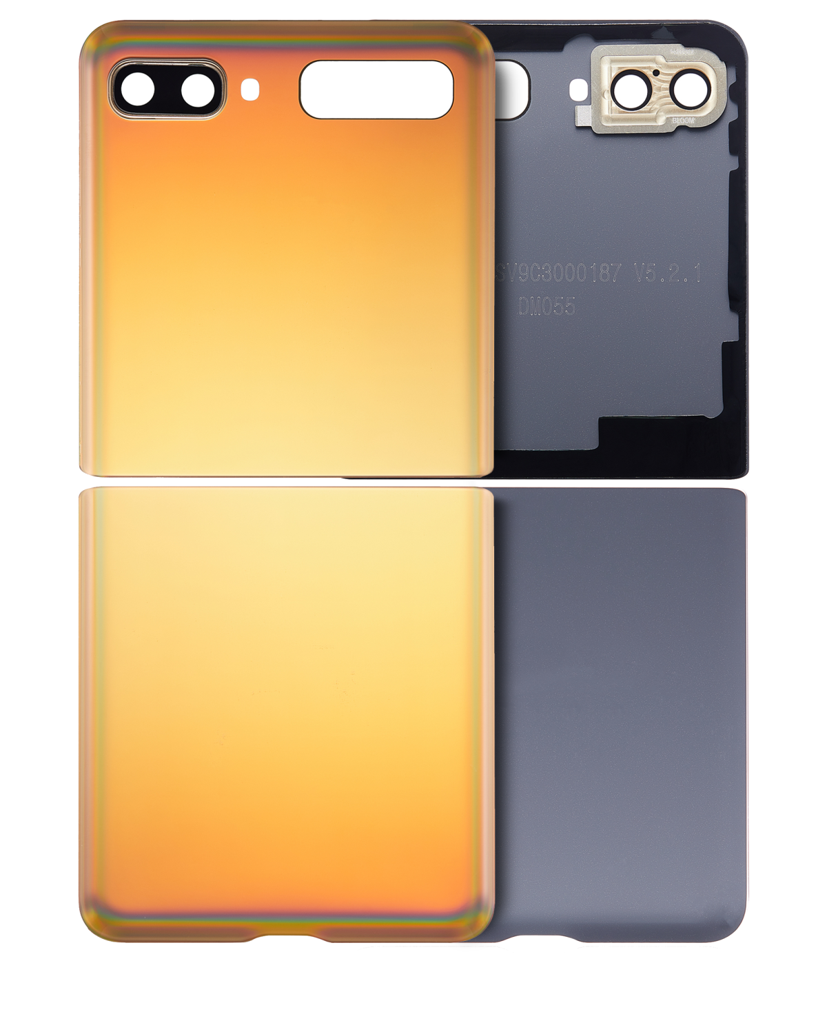 Üst ve Alt Arka Kapak Camı Kamera Lensiyle Samsung Galaxy Z Flip 4G (F700) / Z Flip 5G (F707) (Ayna Altın) İle Uyumlu